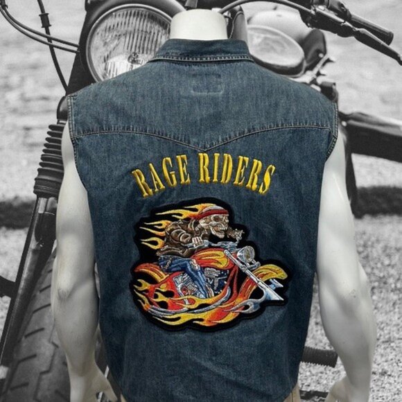 Wrangler Blue Denim Embroidered Back Patch "Rage Riders" Biker Motorcycle Vest L - Picture 2 of 14